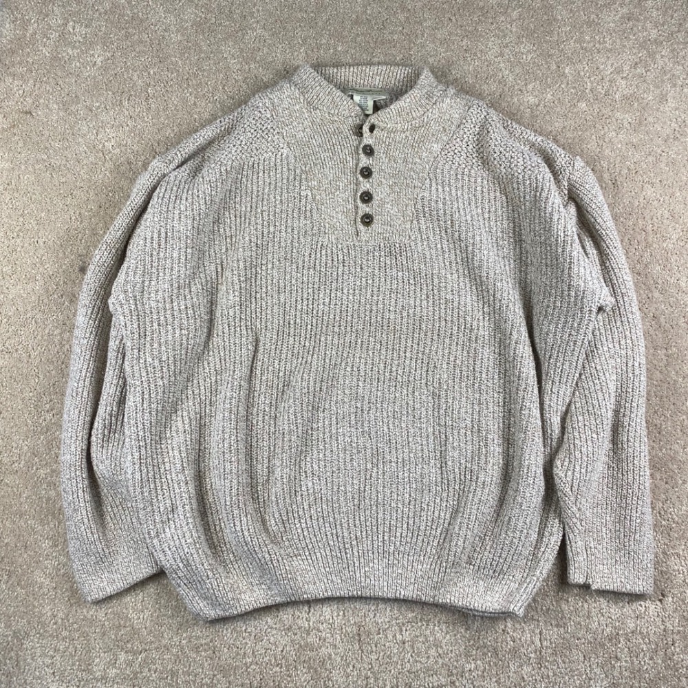 Eddie Bauer Mens Large Oatmeal Marled Cotton Henley Sweater Vintage Mock Neck